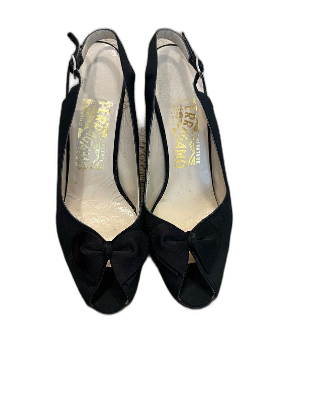 Salvatore Ferragamo Vintage Black Peep Toe Bow Sling Back Pumps Shoes Size 6